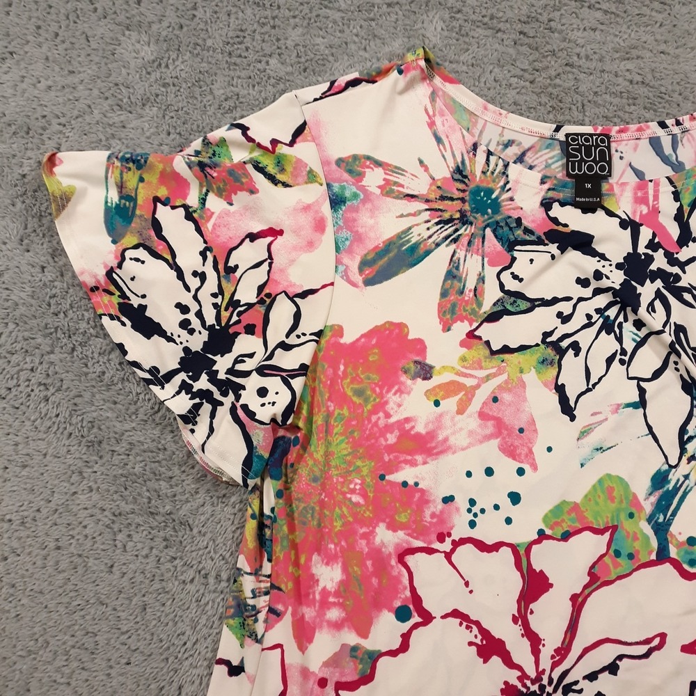 Clara Sun Woo Tunic Top Blouse Womens Size 1X Short Sleeve Floral Multicolor - Picture 2 of 10